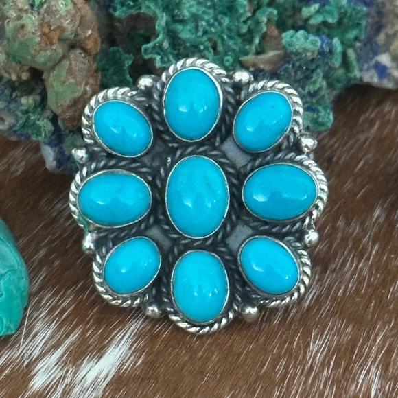 Kingman turquoise cluster statement sterling silver ring - Picture 8 of 10